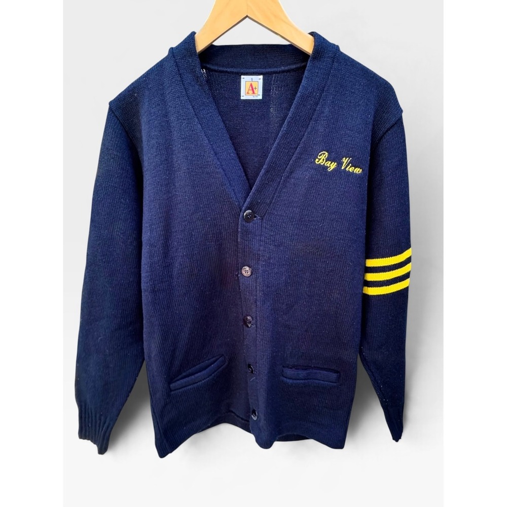 A\+ by SAI Bay View Navy Blue Varsity Cardigan Sweater Small Yellow Stripe
